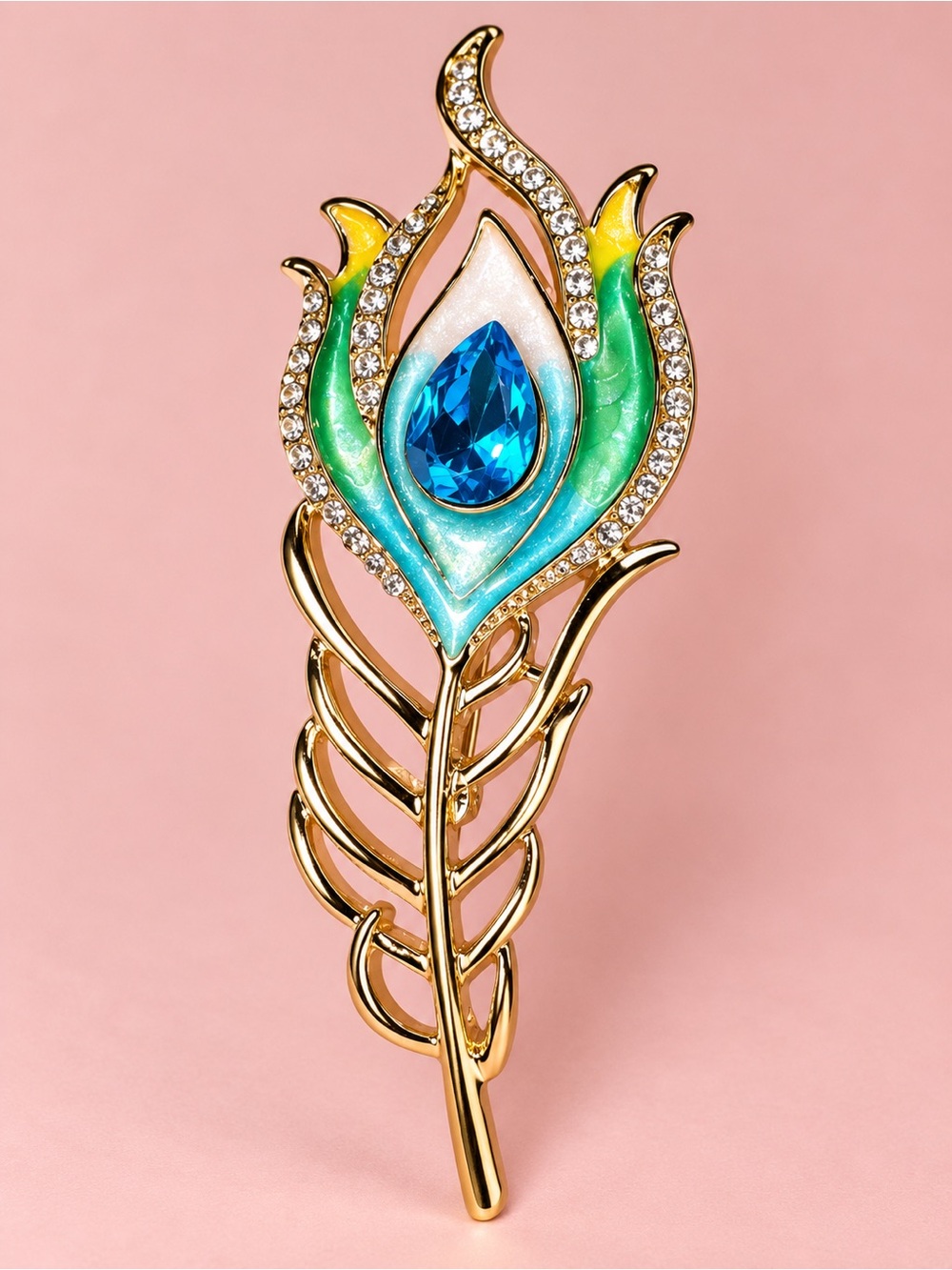 Gold Peacock Feather Brooch with Blue Crystal Accent